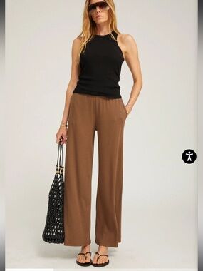 SPRWMN Brown High Rise Stretch Tencel Lounge Trousers Wide Leg Rib Pants XS-S